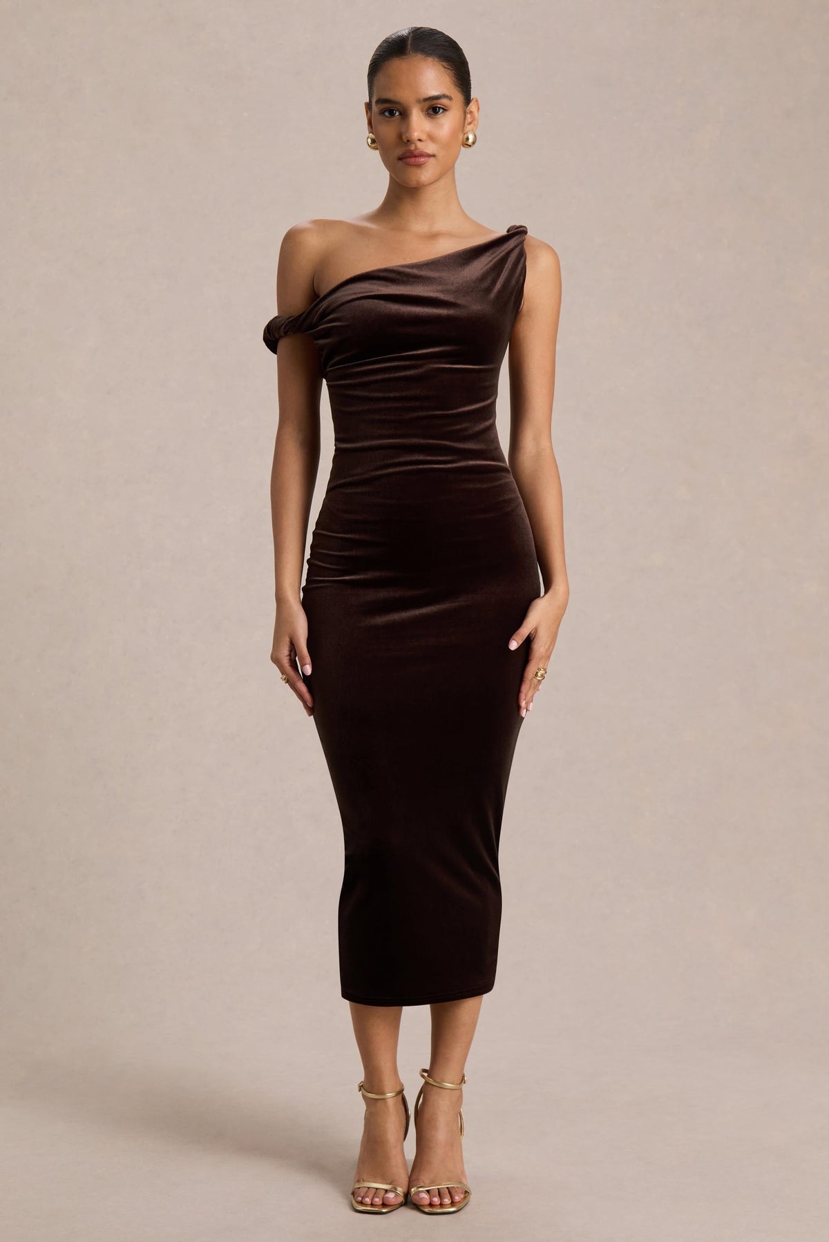 Carella | Brown Velvet One Shoulder Midi Dress With Twist Detailing