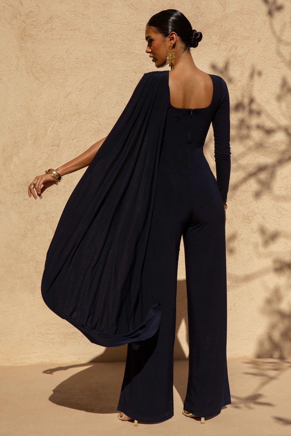 Graces | Navy High-Neck Jumpsuit With Cape Sleeve