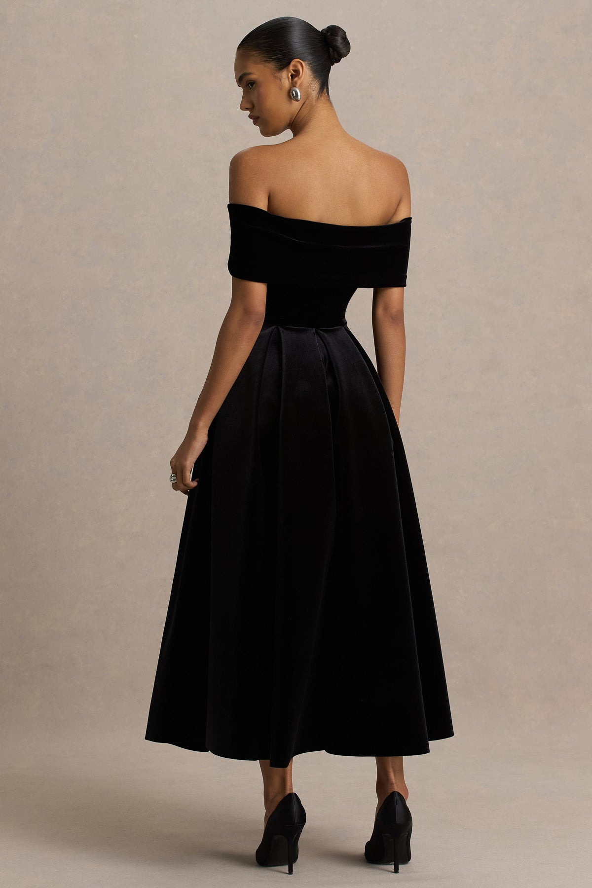 Ablaze | Black Velvet Bardot Short Sleeve A-Line Midi Dress