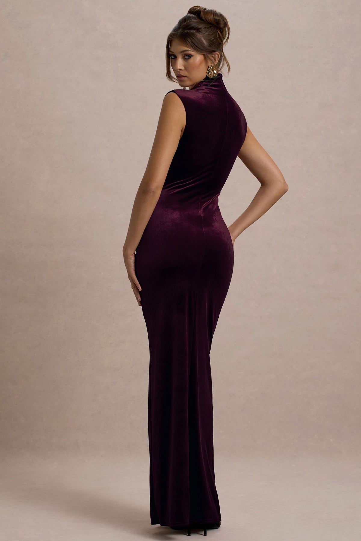 Abilene | Port Velvet High Neck Maxi Dress With Gathered Detailing And Split