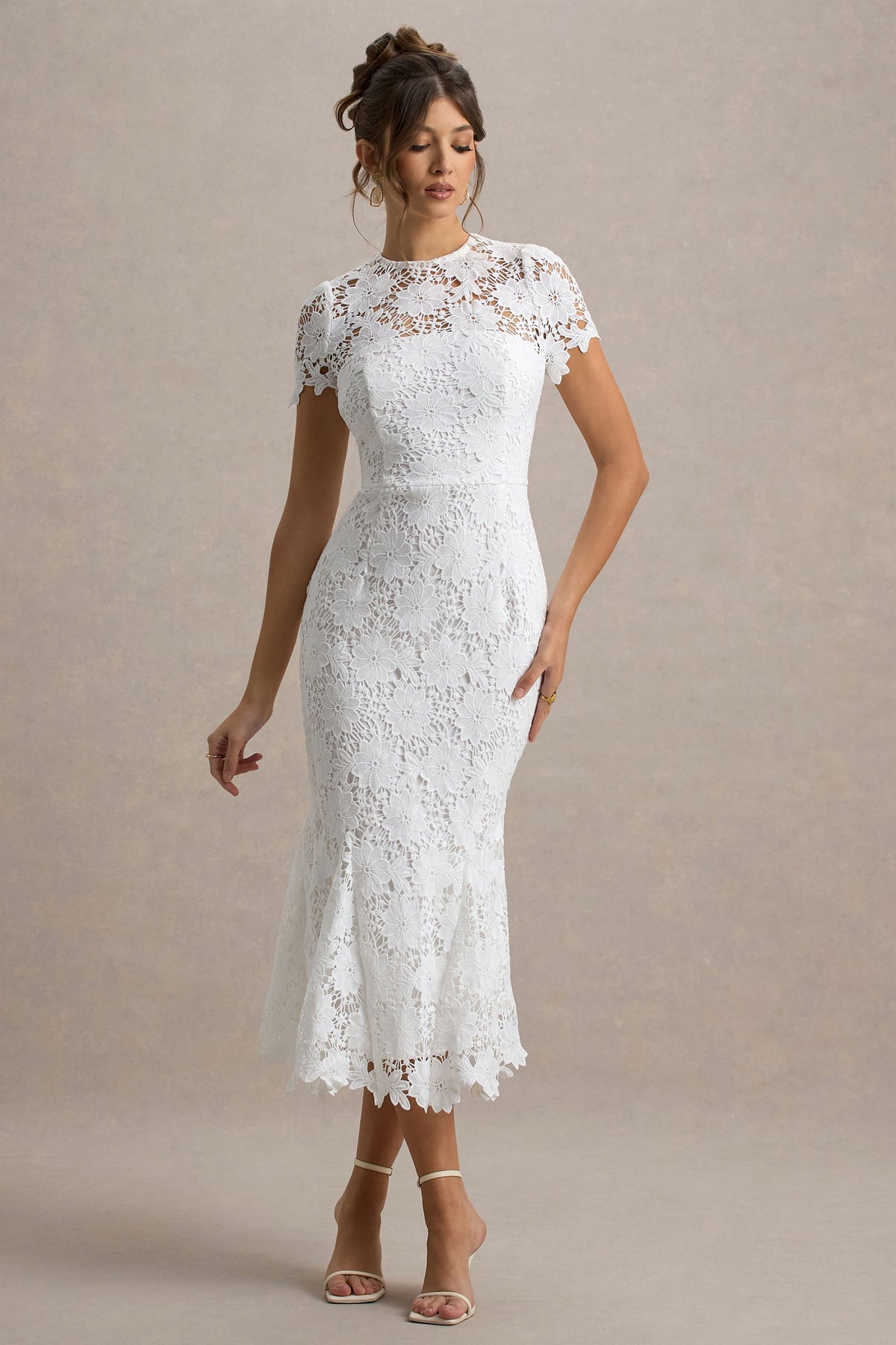 Clarissa | White Lace High Neck Short Sleeve Midi Dress