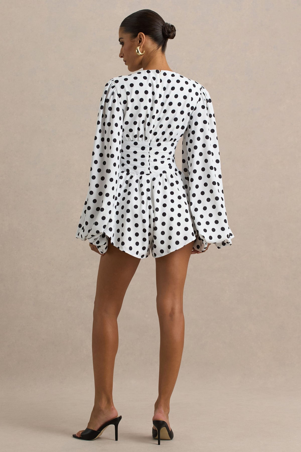Laurel | White Polka Dot V-Neck Balloon Sleeve Romper