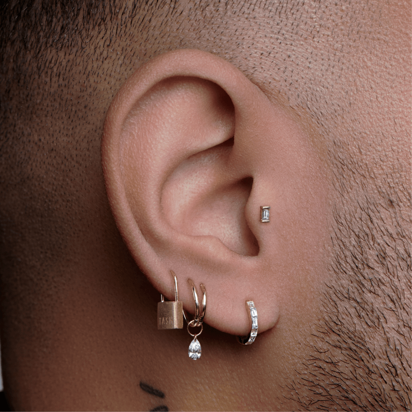 Diamond Baguette Threaded Stud Earring With Titanium Backing