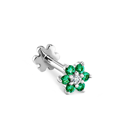Emerald and Diamond Flower Threaded Stud Earring With Titanium Backing